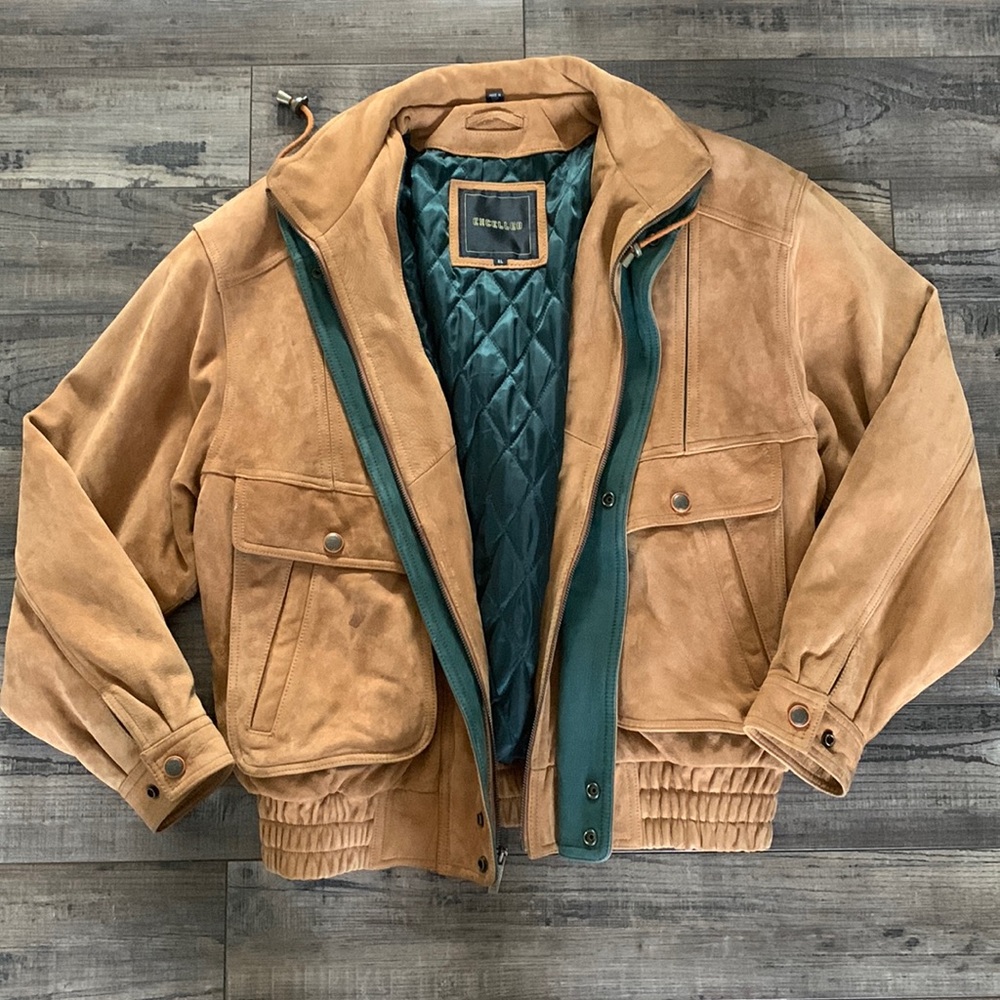 EXCELLED leather jacket tan and green suede-size XL-green quilted lining